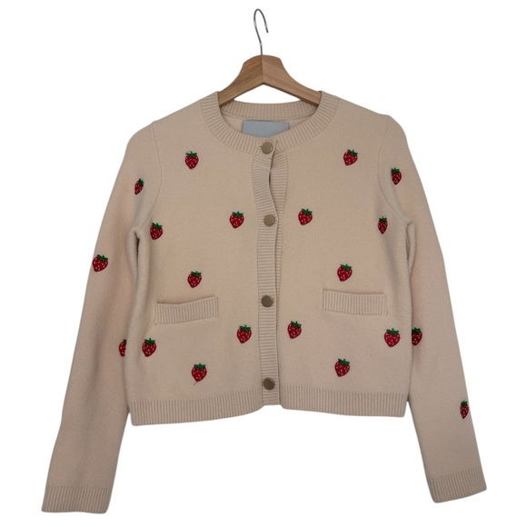 NVLT Strawberry Embroidered Cardigan Cropped Blush Knit Novelty NWT XXS - Picture 2 of 9